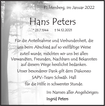 Traueranzeige von Hans Peters von Rundschau Gaildorf