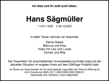 Traueranzeige von Hans Sägmüller von SÜDWEST PRESSE Ausgabe Ulm/Neu-Ulm