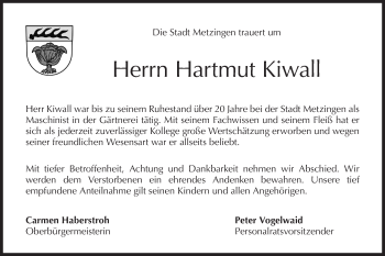 Traueranzeige von Hartmut Kiwall von Metzinger-Uracher Volksblatt