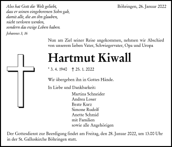 Traueranzeige von Hartmut Kiwall von Alb-Bote/Metzinger-Uracher Volksblatt