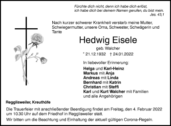 Traueranzeige von Hedwig Eisele von Illertal Bote