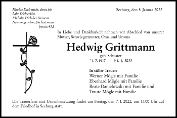 Traueranzeige von Hedwig Grittmann von Metzinger-Uracher Volksblatt