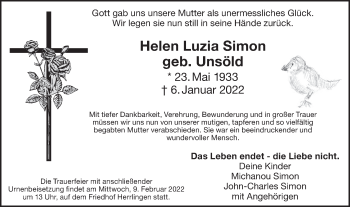 Traueranzeige von Helen Luzia Simon von SÜDWEST PRESSE Ausgabe Ulm/Neu-Ulm