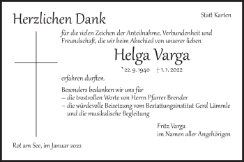 Traueranzeige von Helga Varga von Hohenloher Tagblatt