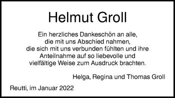 Traueranzeige von Helmut Groll von SÜDWEST PRESSE Ausgabe Ulm/Neu-Ulm