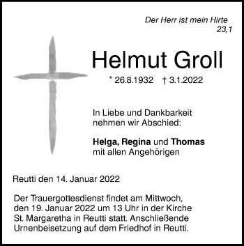 Traueranzeige von Helmut Groll von SÜDWEST PRESSE Ausgabe Ulm/Neu-Ulm