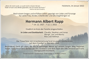 Traueranzeige von Hermann Albert Rapp von NWZ Neue Württembergische Zeitung