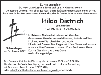 Traueranzeige von Hilda Dietrich von Metzinger-Uracher Volksblatt