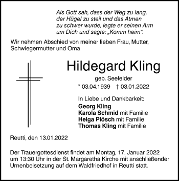 Traueranzeige von Hildegard Kling von SÜDWEST PRESSE Ausgabe Ulm/Neu-Ulm