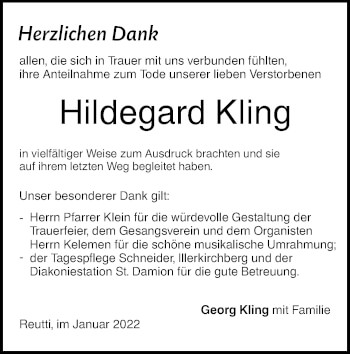 Traueranzeige von Hildegard Kling von SÜDWEST PRESSE Ausgabe Ulm/Neu-Ulm