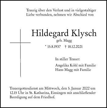 Traueranzeige von Hildegard Klysch von SÜDWEST PRESSE Ausgabe Ulm/Neu-Ulm