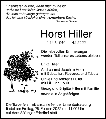 Traueranzeige von Horst Hiller von SÜDWEST PRESSE Ausgabe Ulm/Neu-Ulm