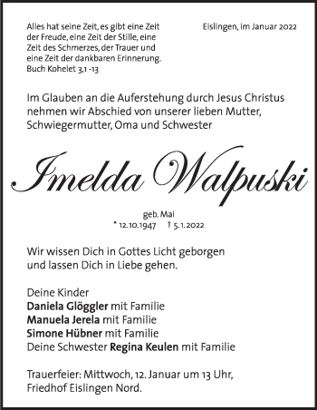 Traueranzeige von Imelda Walpuski von NWZ Neue Württembergische Zeitung