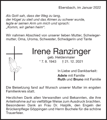 Traueranzeige von Irene Ranzinger von NWZ Neue Württembergische Zeitung