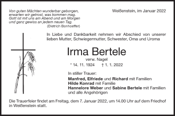 Traueranzeige von Irma Bertele von NWZ Neue Württembergische Zeitung