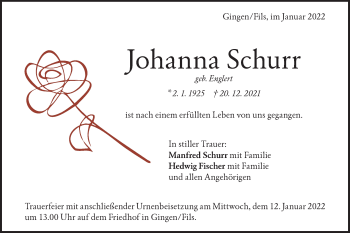 Traueranzeige von Johanna Schurr von Geislinger Zeitung