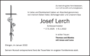 Traueranzeige von Josef Lerch von Ehinger Tagblatt