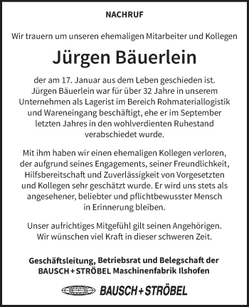 Traueranzeige von Jürgen Bäuerlein von Hohenloher Tagblatt