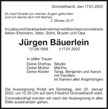 Traueranzeige von Jürgen Bäuerlein von Hohenloher Tagblatt