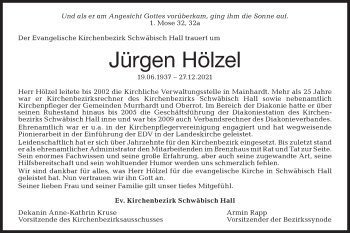 Traueranzeige von Jürgen Hölzel von Haller Tagblatt