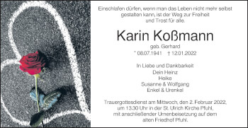 Traueranzeige von Karin Koßmann von SÜDWEST PRESSE Ausgabe Ulm/Neu-Ulm