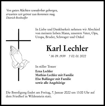 Traueranzeige von Karl Lechler von Hohenloher Tagblatt