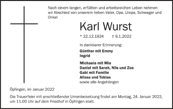 Traueranzeige von Karl Wurst von Ehinger Tagblatt