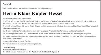 Traueranzeige von Klaus Kupfer-Hessel von Haller Tagblatt