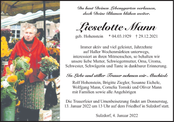 Traueranzeige von Lieselotte Mann von Haller Tagblatt