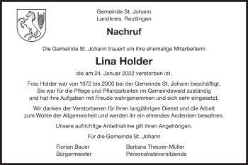 Traueranzeige von Lina Holder von Metzinger-Uracher Volksblatt