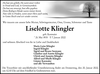 Traueranzeige von Liselotte Klingler von Alb-Bote/Metzinger-Uracher Volksblatt