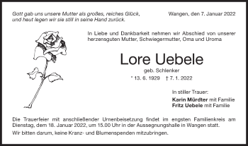 Traueranzeige von Lore Uebele von NWZ Neue Württembergische Zeitung