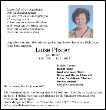 Traueranzeige von Luise Pfister von Metzinger-Uracher Volksblatt