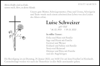 Traueranzeige von Luise Schweizer von Hohenloher Tagblatt