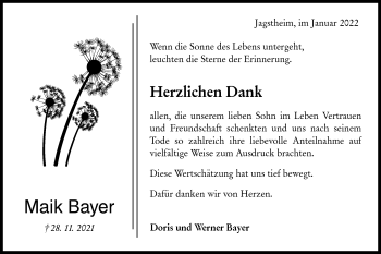 Traueranzeige von Maik Bayer von Hohenloher Tagblatt