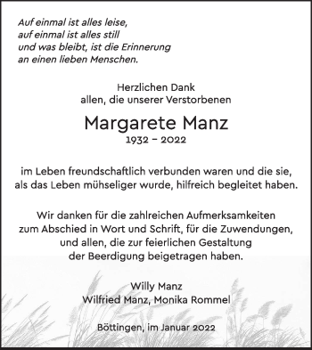 Traueranzeige von Margarete Manz von Alb-Bote/Metzinger-Uracher Volksblatt