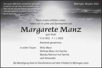 Traueranzeige von Margarete Manz von Alb-Bote/Metzinger-Uracher Volksblatt