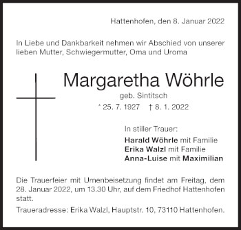 Traueranzeige von Margaretha Wöhrle von NWZ Neue Württembergische Zeitung