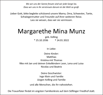 Traueranzeige von Margarethe Mina Munz von SÜDWEST PRESSE Ausgabe Ulm/Neu-Ulm