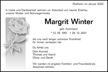 Traueranzeige von Margrit Winter von Alb-Bote/Metzinger-Uracher Volksblatt