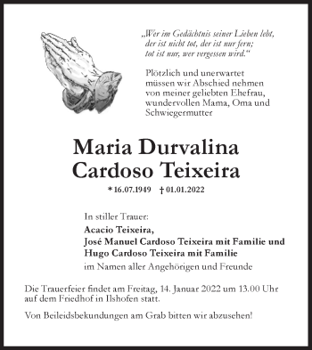 Traueranzeige von Maria Durvalina Cardoso Teixeira von Haller Tagblatt