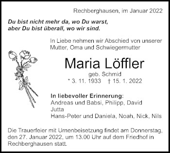 Traueranzeige von Maria Löffler von NWZ Neue Württembergische Zeitung