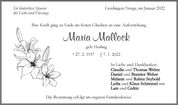 Traueranzeige von Maria Mallock von Geislinger Zeitung