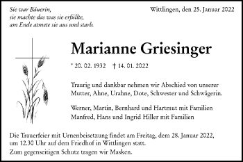 Traueranzeige von Marianne Griesinger von Metzinger-Uracher Volksblatt