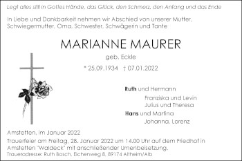 Traueranzeige von Marianne Maurer von Geislinger Zeitung