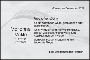 Traueranzeige von Marianne Mekle von Rundschau Gaildorf