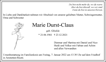 Traueranzeige von Marie Durst-Claus von Geislinger Zeitung