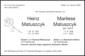 Traueranzeige von Marliese Matuszcyk von NWZ Neue Württembergische Zeitung