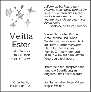 Traueranzeige von Melitta Ester von NWZ Neue Württembergische Zeitung