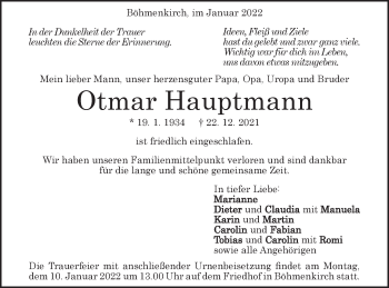 Traueranzeige von Otmar Hauptmann von Geislinger Zeitung